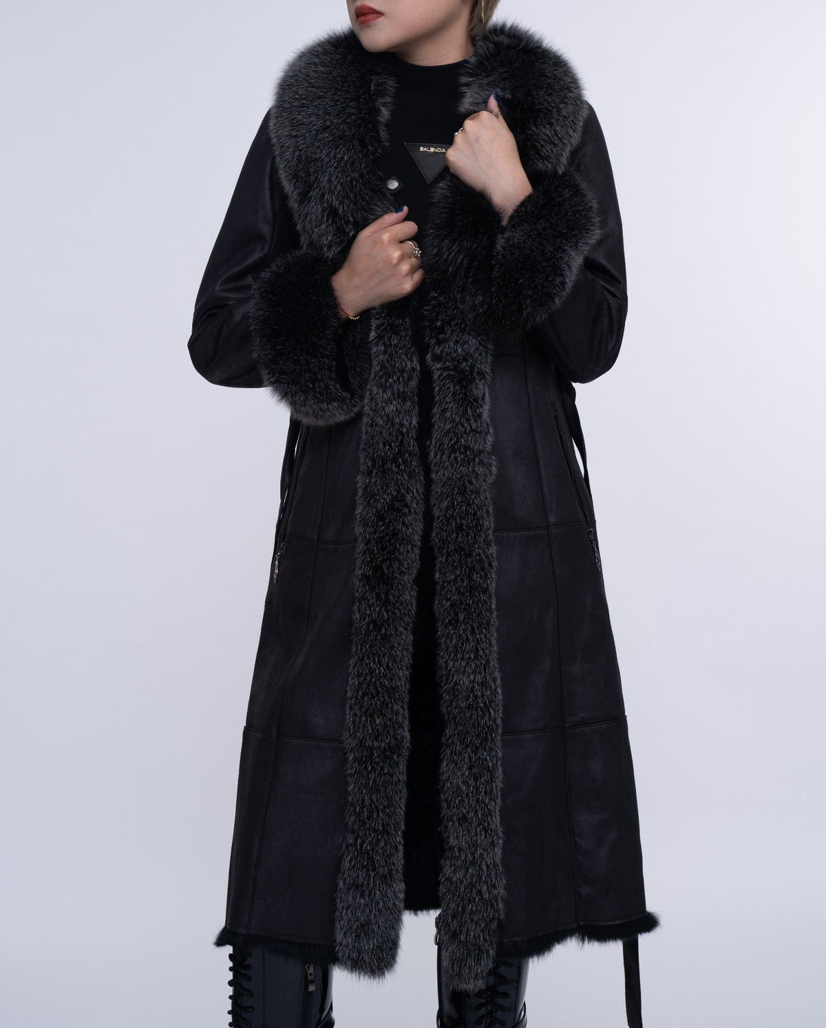 Women's Black Fox Fur Long Leather Coat with Belt