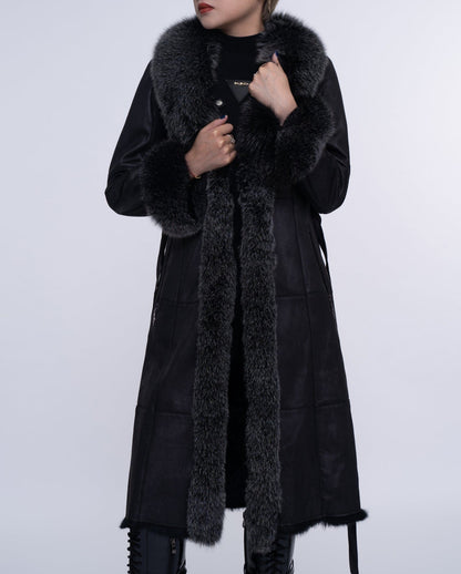 Women's Black Fox Fur Long Leather Coat with Belt