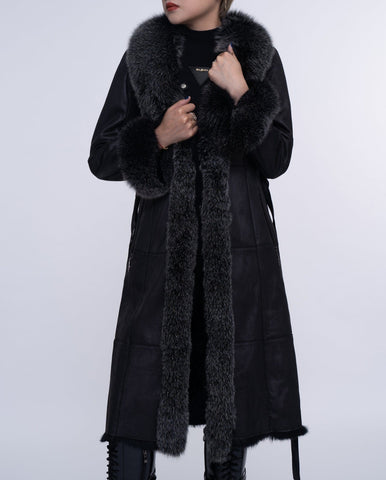 Women's Black Fox Fur Long Leather Coat with Belt