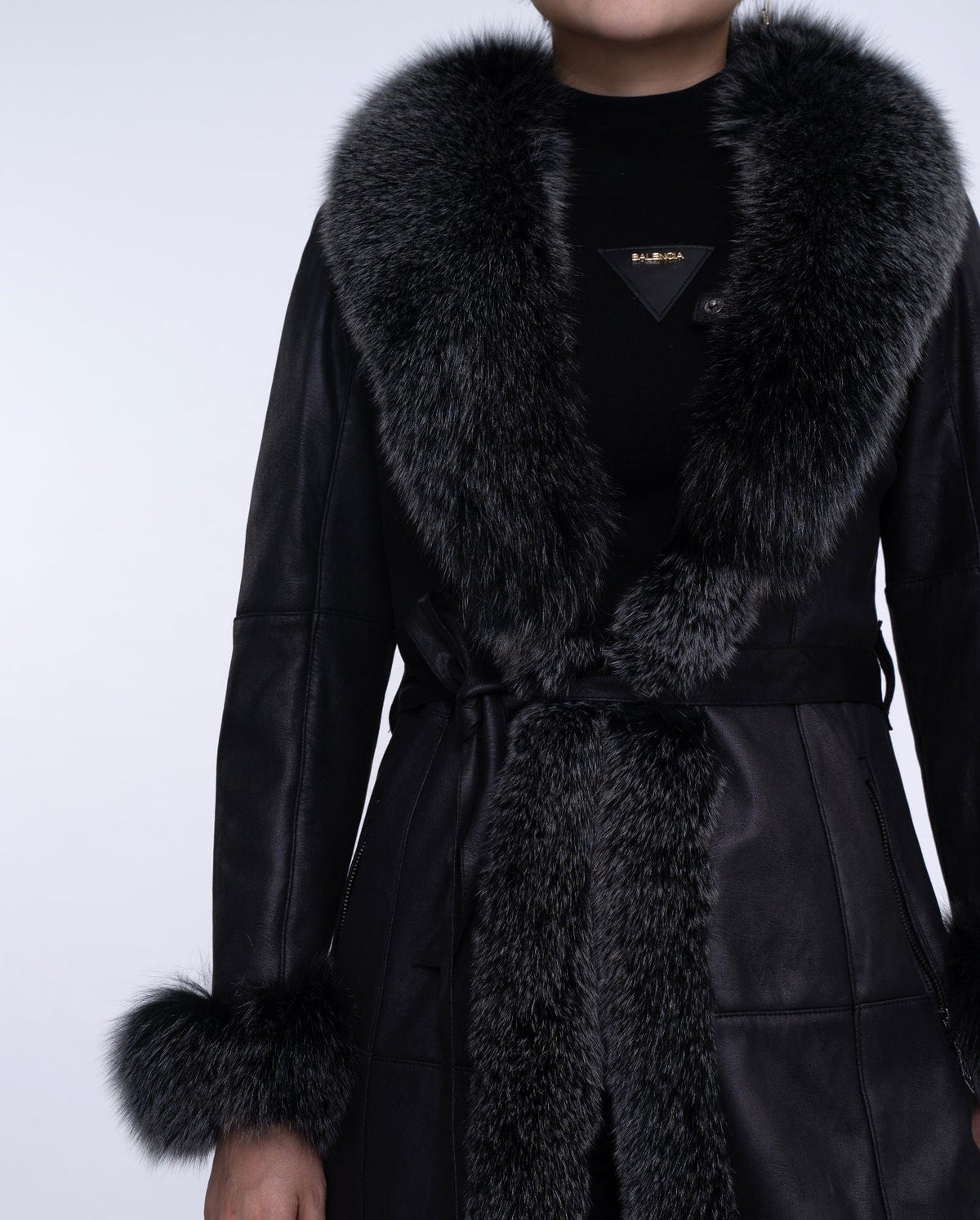 Women's Black Fox Fur Long Leather Coat with Belt