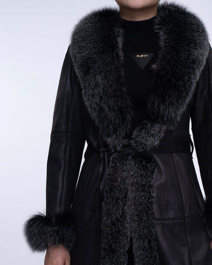 Women's Black Fox Fur Long Leather Coat with Belt