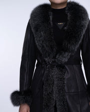 Women's Black Fox Fur Long Leather Coat with Belt
