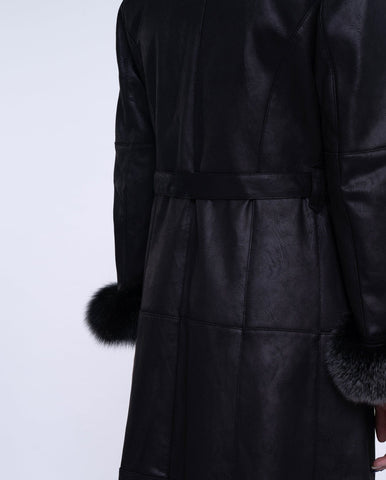 Women's Black Fox Fur Long Leather Coat with Belt