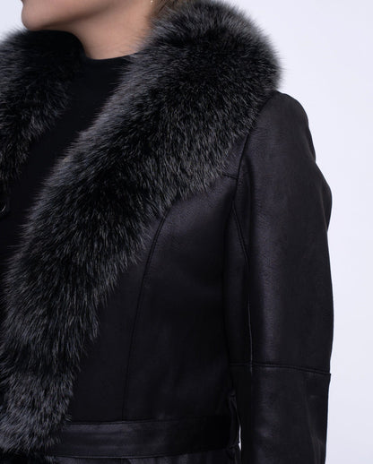 Women's Black Fox Fur Long Leather Coat with Belt
