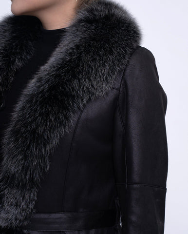 Women's Black Fox Fur Long Leather Coat with Belt
