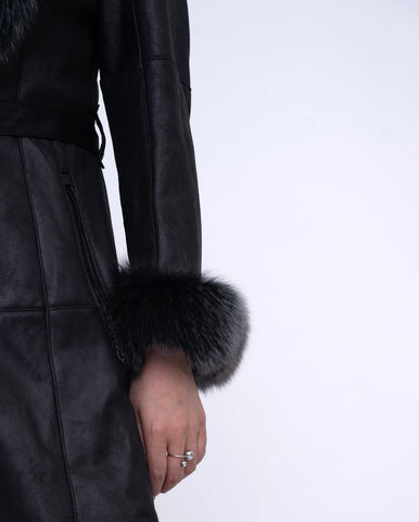 Women's Black Fox Fur Long Leather Coat with Belt