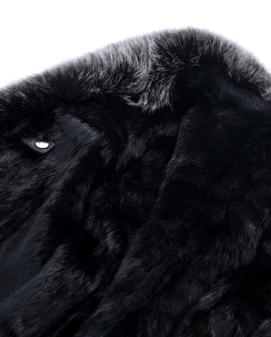 Women's Black Fox Fur Long Leather Coat with Belt