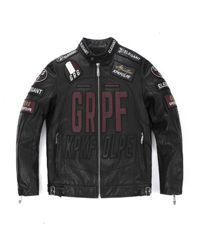 Black Embroidery Full Patched Genuine Leather Cafe Racer Jacket