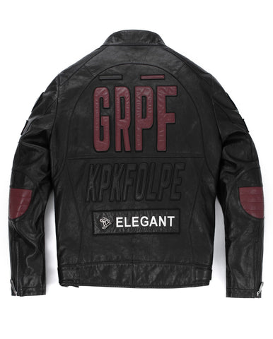 Black Embroidery Full Patched Genuine Leather Cafe Racer Jacket
