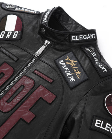 Black Embroidery Full Patched Genuine Leather Cafe Racer Jacket