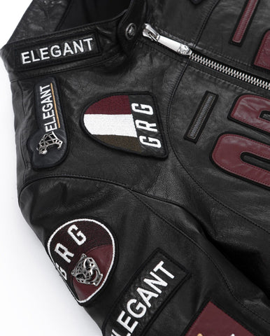 Black Embroidery Full Patched Genuine Leather Cafe Racer Jacket