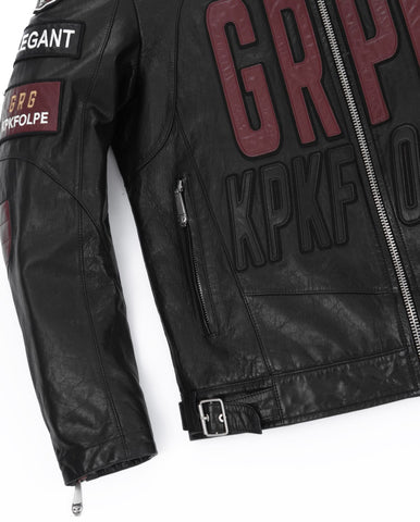 Black Embroidery Full Patched Genuine Leather Cafe Racer Jacket