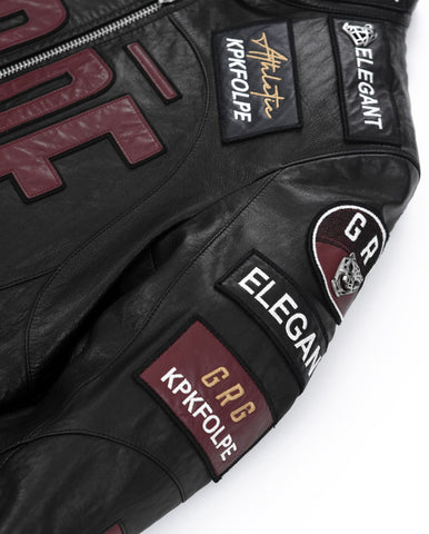 Black Embroidery Full Patched Genuine Leather Cafe Racer Jacket