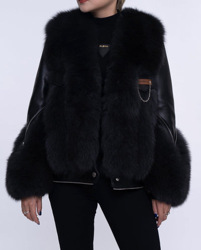 Womens Black Fox Fur Lambskin Leather Jacket