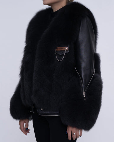 Womens Black Fox Fur Lambskin Leather Jacket