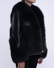 Womens Black Fox Fur Lambskin Leather Jacket
