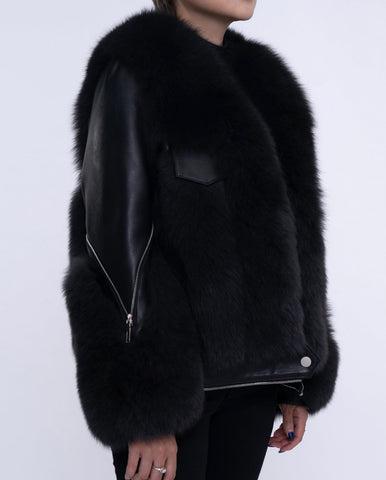 Womens Black Fox Fur Lambskin Leather Jacket