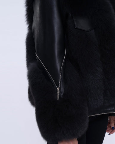 Womens Black Fox Fur Lambskin Leather Jacket