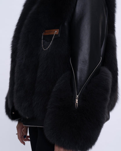 Womens Black Fox Fur Lambskin Leather Jacket