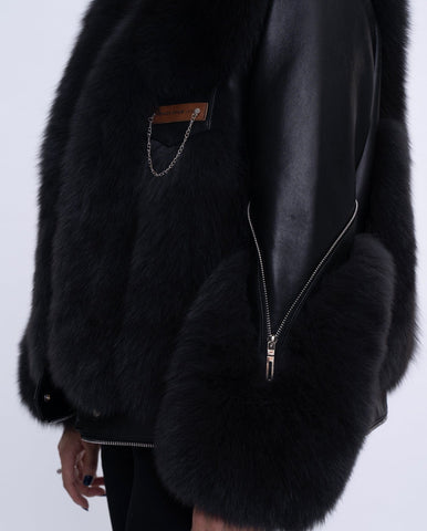 Womens Black Fox Fur Lambskin Leather Jacket