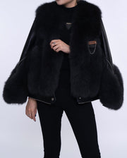 Womens Black Fox Fur Lambskin Leather Jacket
