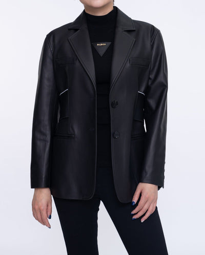 Woman's Black Leather Blazer with Elastic Band
