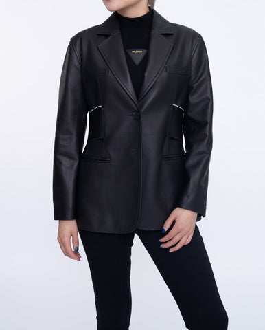 Woman's Black Leather Blazer with Elastic Band