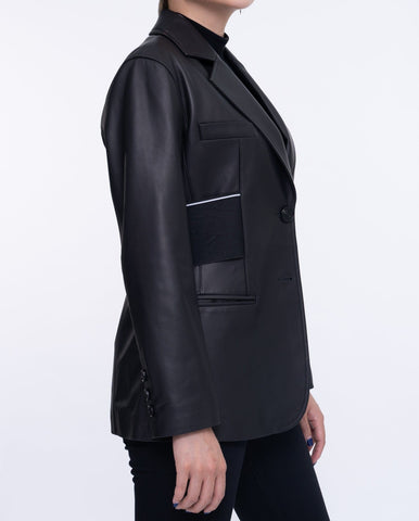 Woman's Black Leather Blazer with Elastic Band