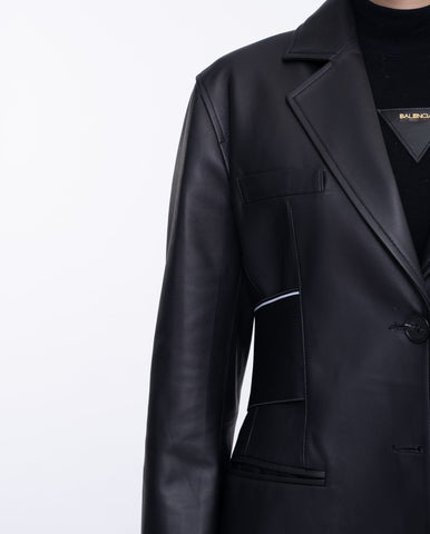 Woman's Black Leather Blazer with Elastic Band