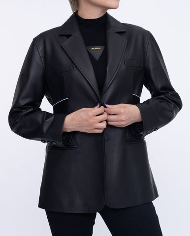 Woman's Black Leather Blazer with Elastic Band