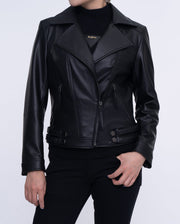 Woman Black Moto Biker Cropped Leather Jacket