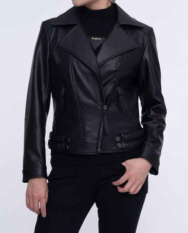 Woman Black Moto Biker Cropped Leather Jacket