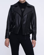 Woman Black Moto Biker Cropped Leather Jacket