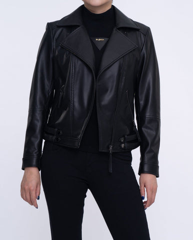Woman Black Moto Biker Cropped Leather Jacket
