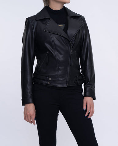 Woman Black Moto Biker Cropped Leather Jacket