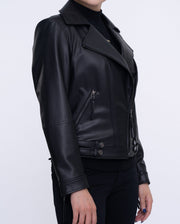Woman Black Moto Biker Cropped Leather Jacket