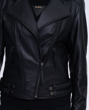 Woman Black Moto Biker Cropped Leather Jacket