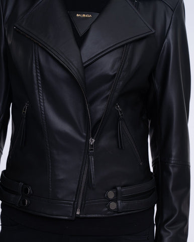 Woman Black Moto Biker Cropped Leather Jacket