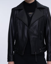 Woman Black Moto Biker Cropped Leather Jacket