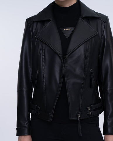 Woman Black Moto Biker Cropped Leather Jacket