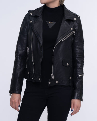 Woman's Black Motorcycle Leather Jacket Short Biker Jacket