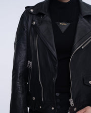 Woman's Black Motorcycle Leather Jacket Short Biker Jacket