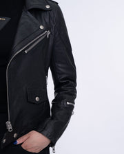 Woman's Black Motorcycle Leather Jacket Short Biker Jacket