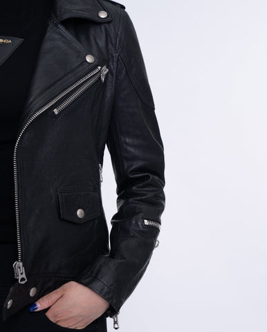 Woman's Black Motorcycle Leather Jacket Short Biker Jacket