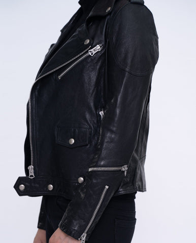 Woman's Black Motorcycle Leather Jacket Short Biker Jacket