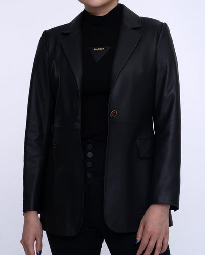 Black One Button Leather Blazer Coat