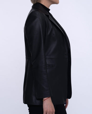 Black One Button Leather Blazer Coat