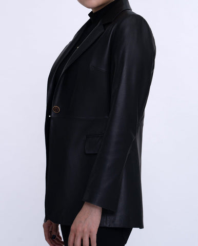 Black One Button Leather Blazer Coat