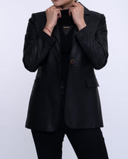Black One Button Leather Blazer Coat