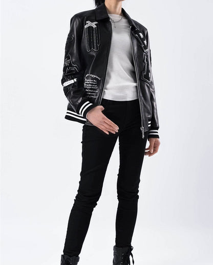Black Quilted Lambskin Leather Letterman Varsity Bomber Jacket